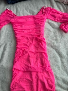Ruched Bright Pink Off-Shoulder Mini Dress
